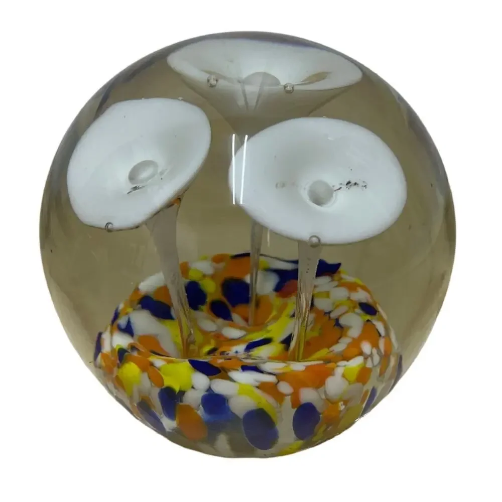 Art Glass Paper Weight White Mushrooms in Colorful Rock Bed Good Condition